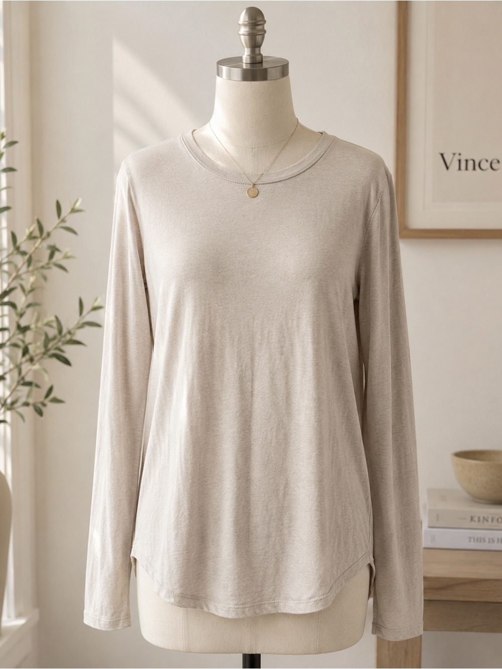 Vince Pima Cotton Modal Long Sleeve Tee Women’s Large Beige Gray